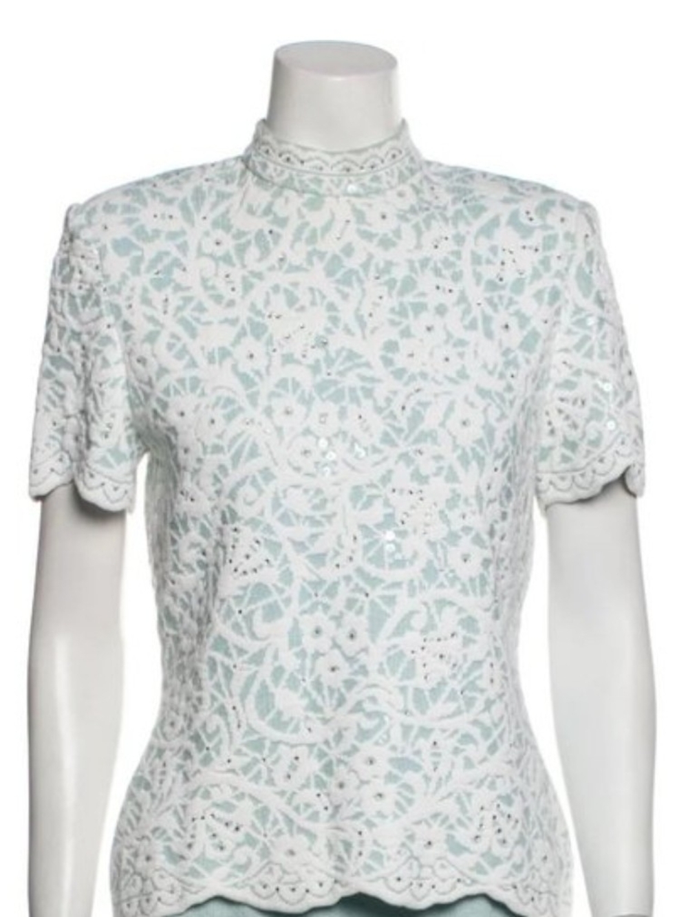 St. John Evening Lace Knit Mock Neck Top Sequin Rhinestone Blue/Green White 4